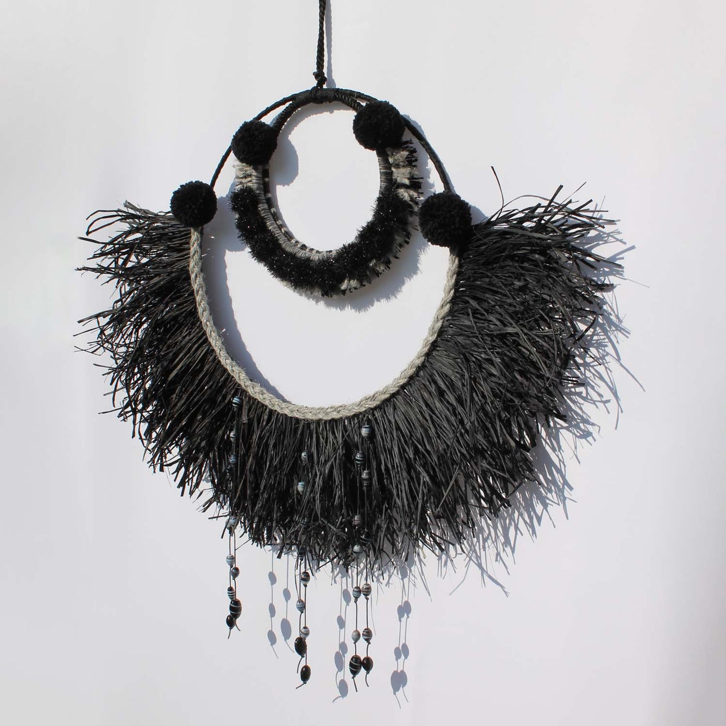 Elegant Boho Wall Hanging in Black and Gray with Glitter Accents