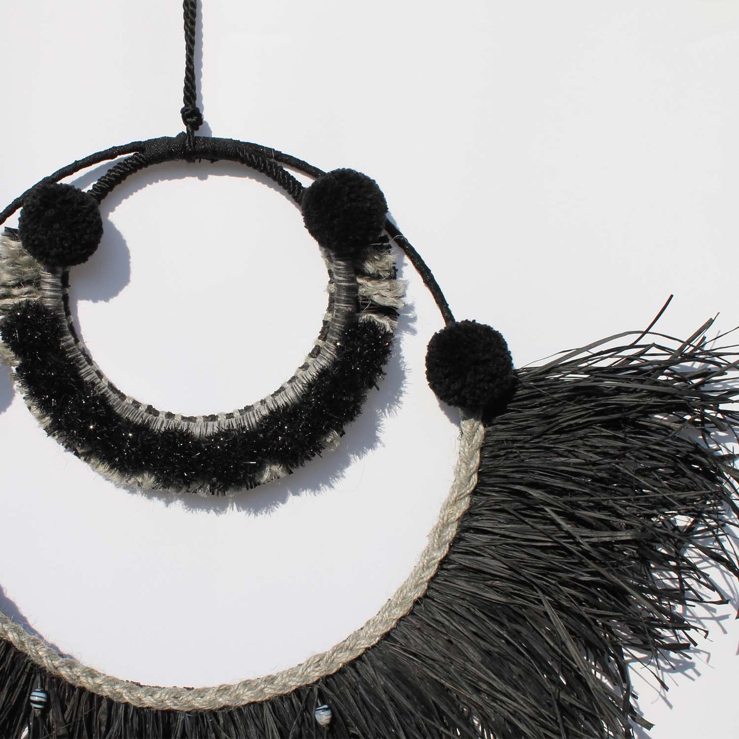 Elegant Boho Wall Hanging in Black and Gray with Glitter Accents