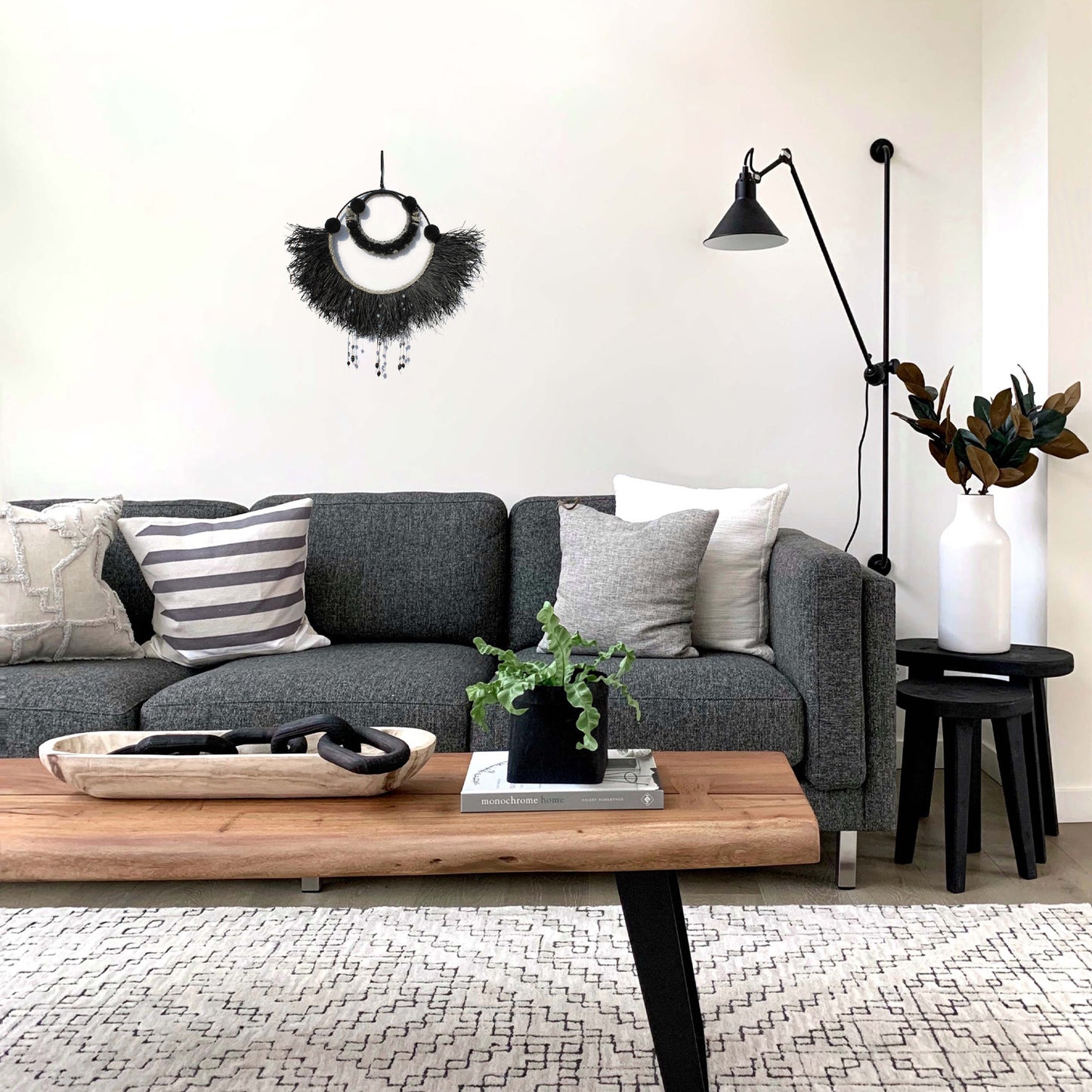 Elegant Boho Wall Hanging in Black and Gray with Glitter Accents