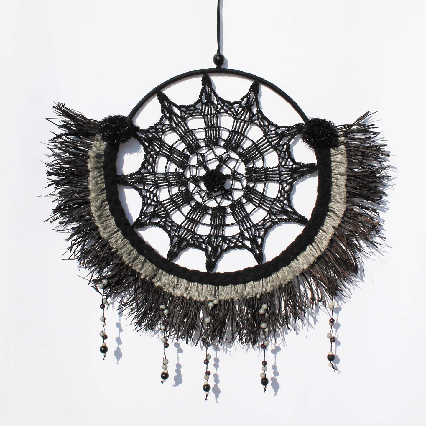 Elegant Boho Wall Décor in Black and Gray with Glitter Pom-Poms