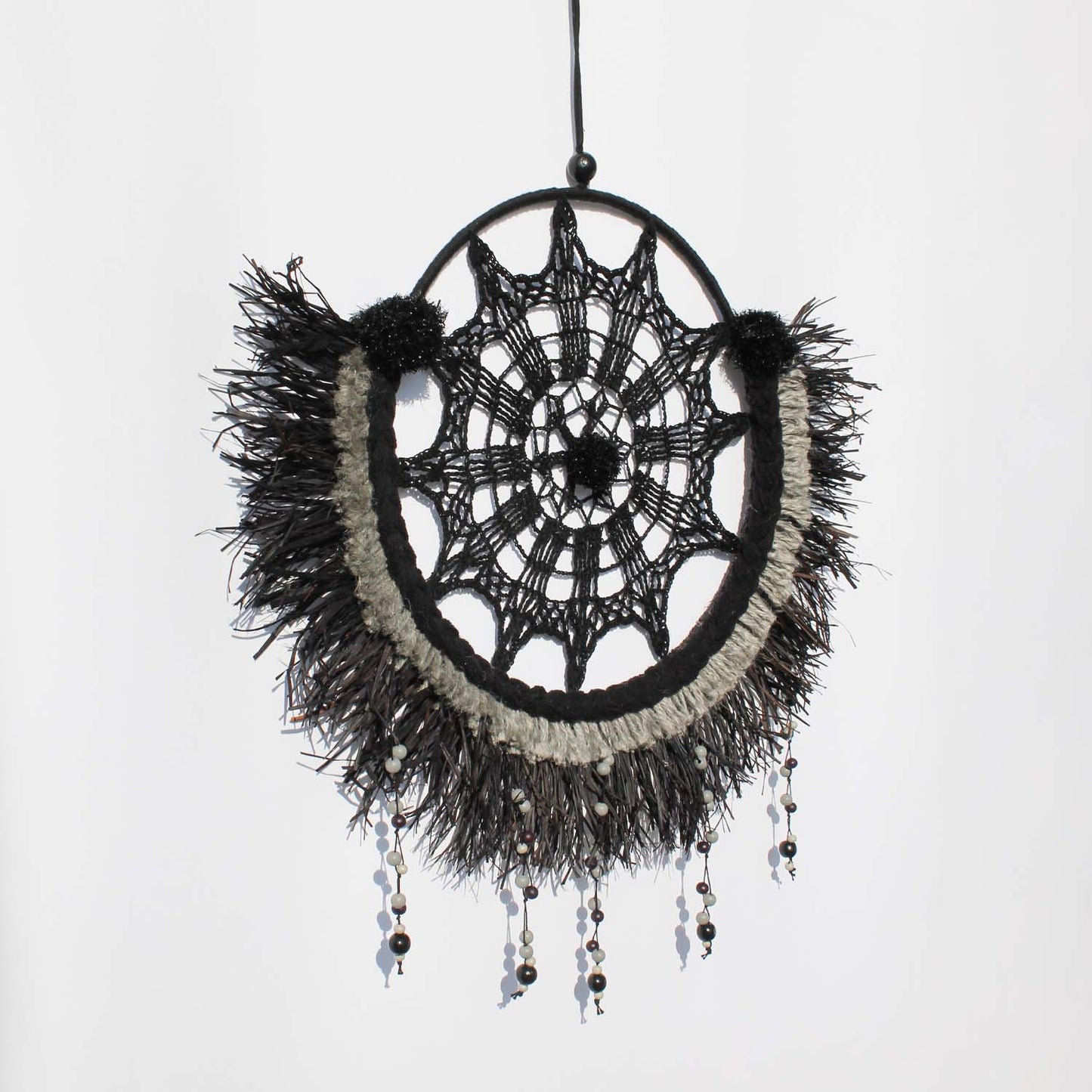 Elegant Boho Wall Décor in Black and Gray with Glitter Pom-Poms