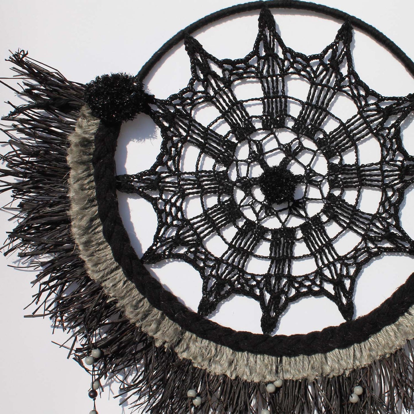 Elegant Boho Wall Décor in Black and Gray with Glitter Pom-Poms