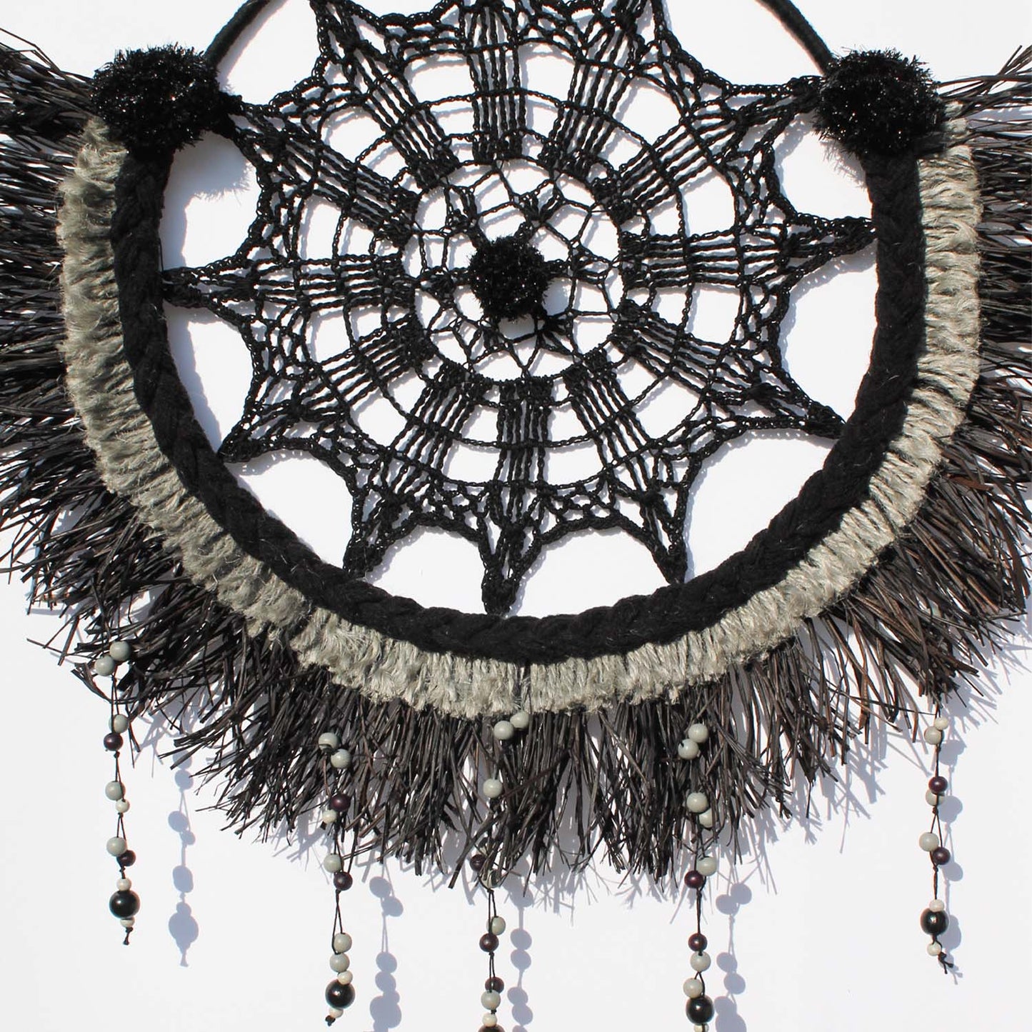Elegant Boho Wall Décor in Black and Gray with Glitter Pom-Poms
