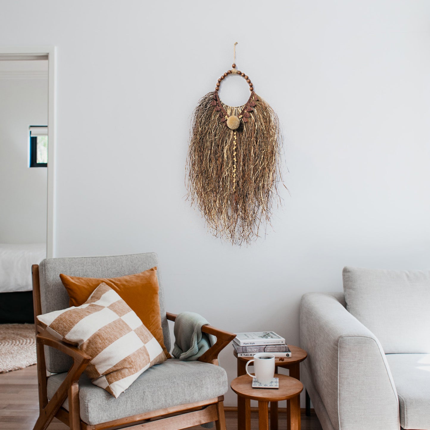 Boho Summer Vibes Wall Decor – Handmade with Raffia, Wool, and Wooden Beads