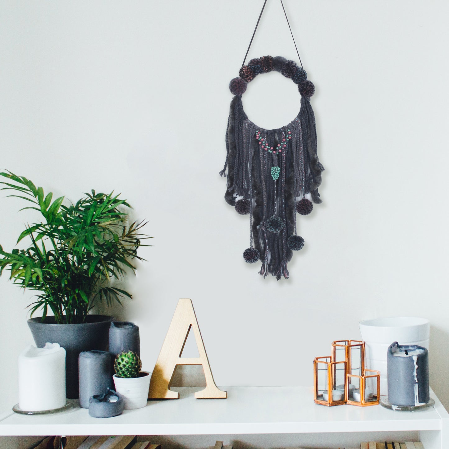Boho Wall Hanging with Pom Poms & Beads