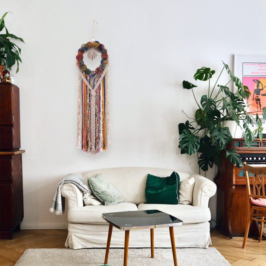 Retro Boho Wall Hanging with Rainbow Pom Poms