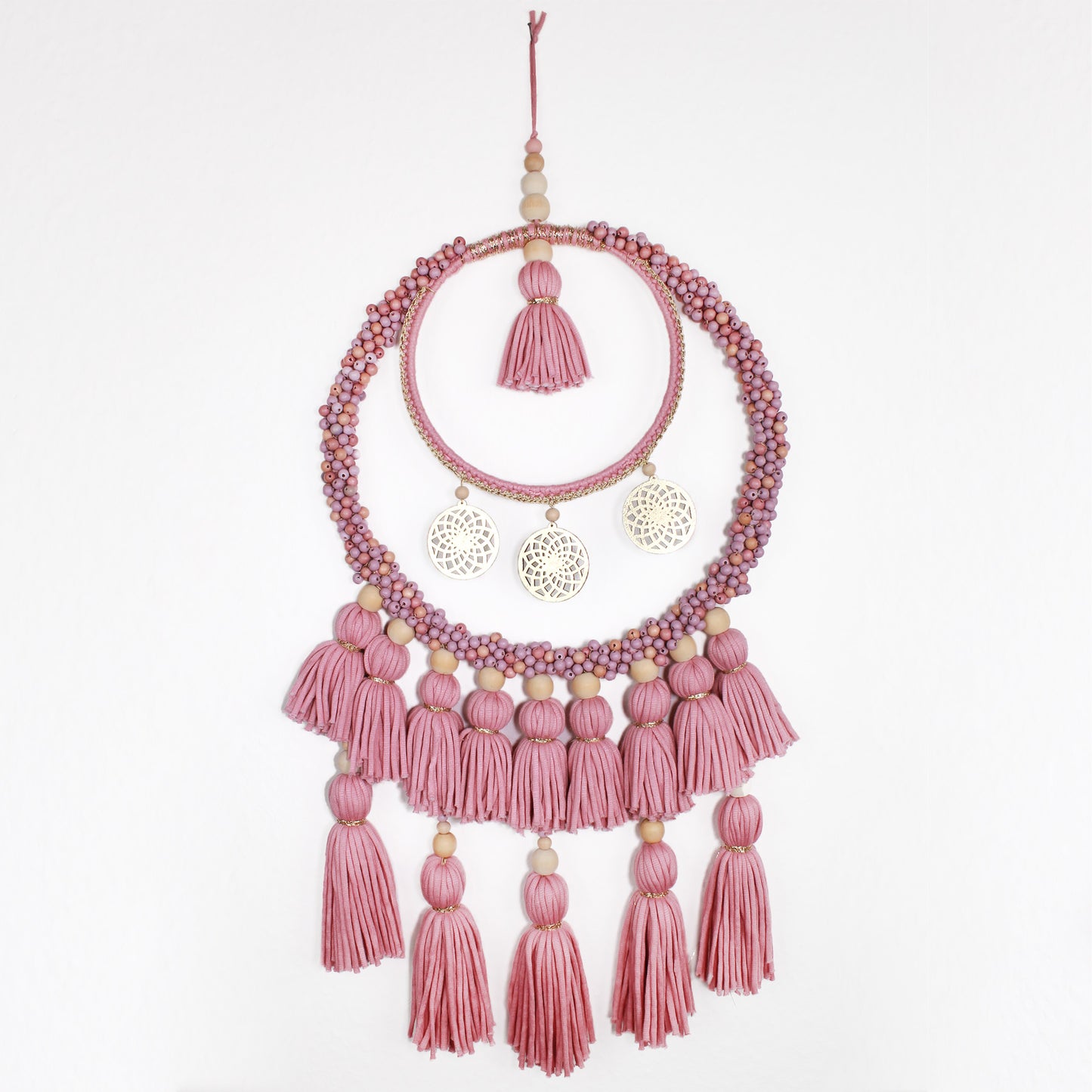 Boho Wall Hanging in Pink with Gold Accents