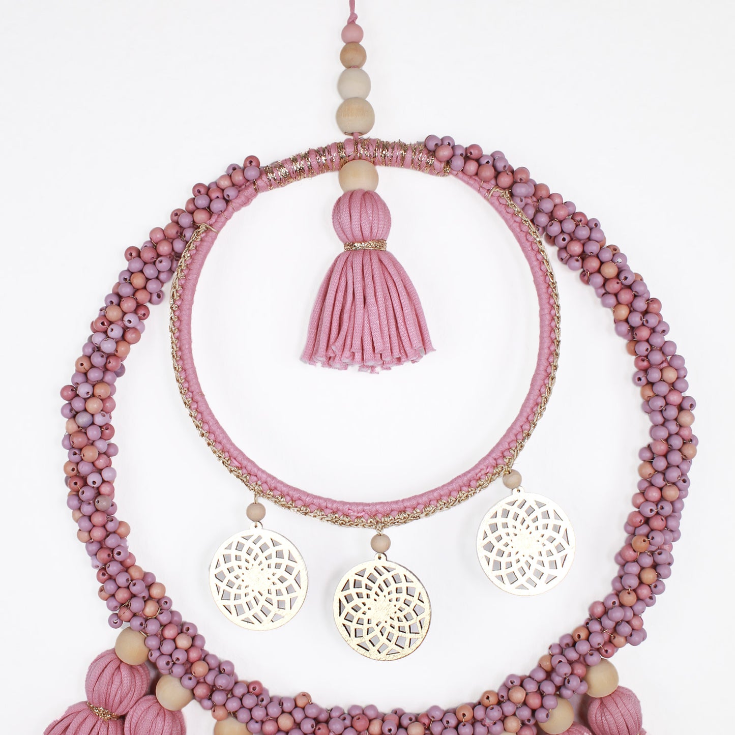 Boho Wall Hanging in Pink with Gold Accents