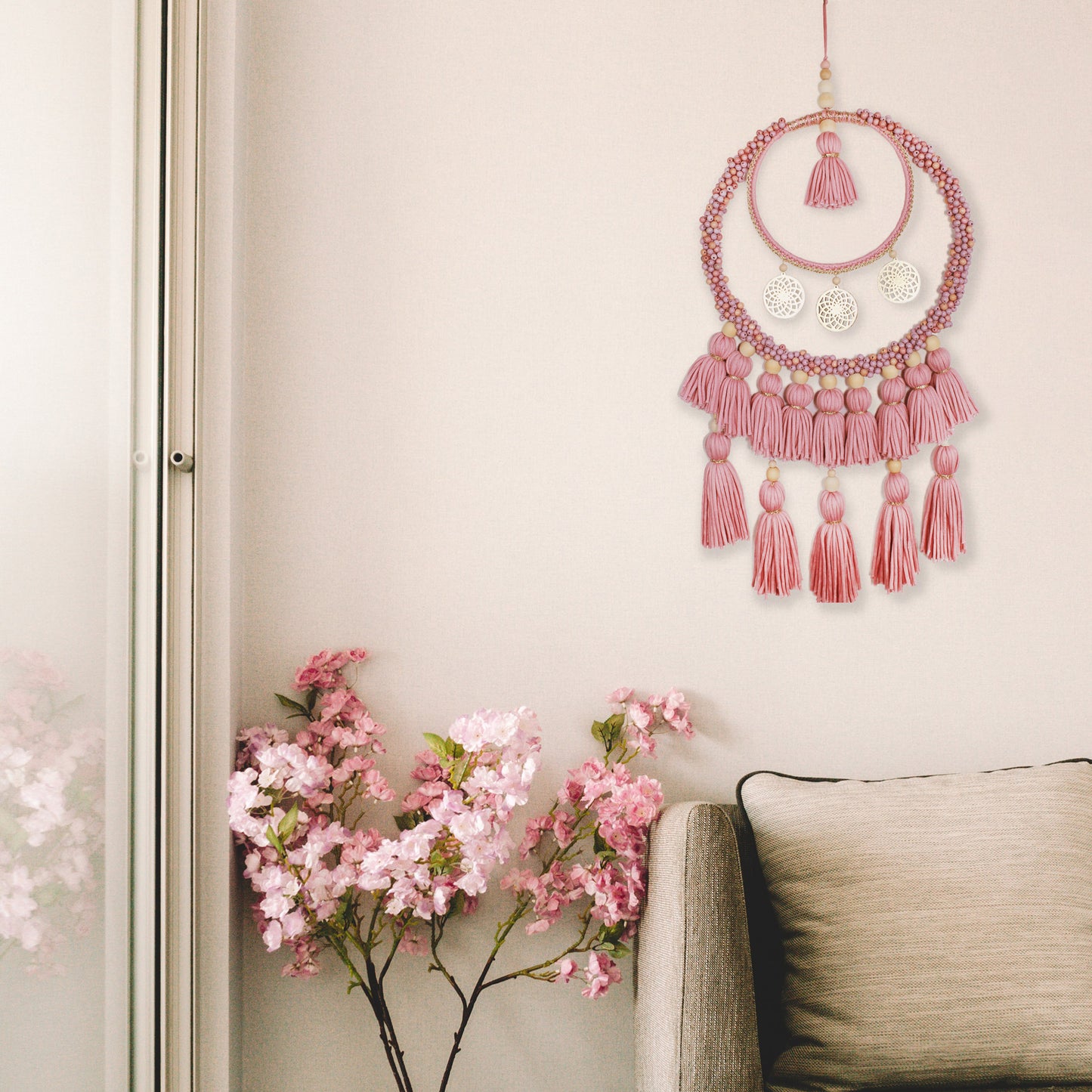 Boho Wall Hanging in Pink with Gold Accents