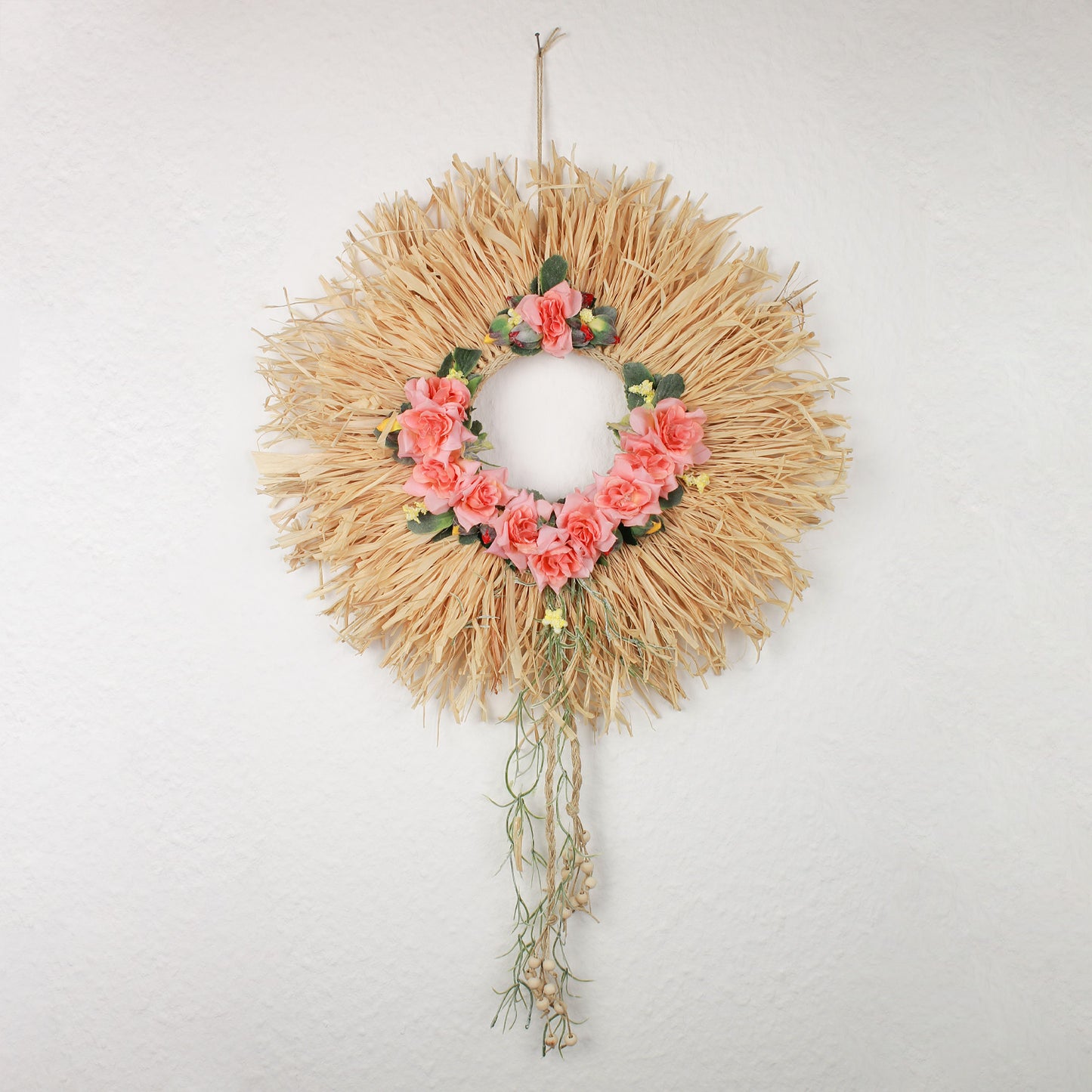 Boho Wall Decor with Artificial Flowers and Wooden Beads