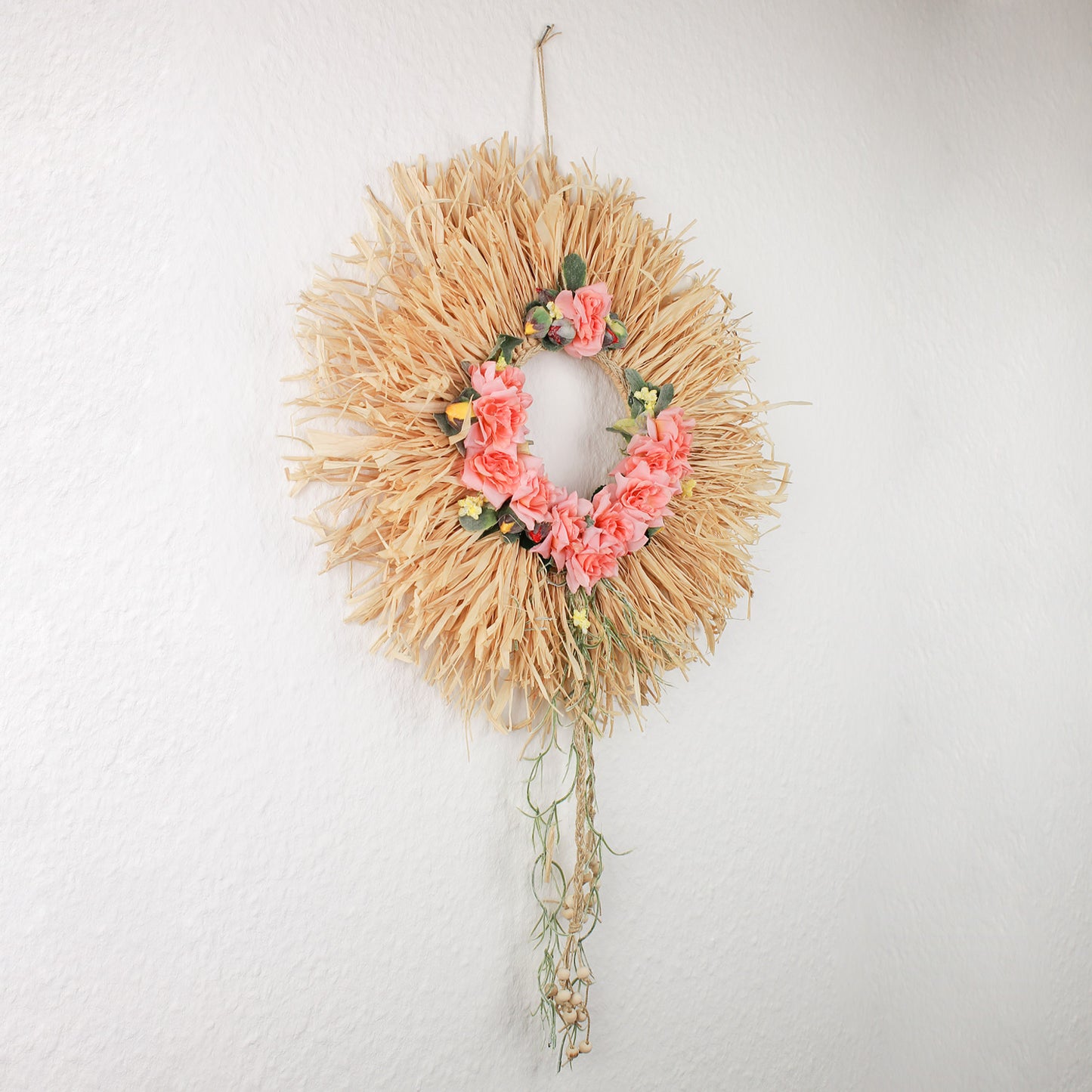 Boho Wall Decor with Artificial Flowers and Wooden Beads