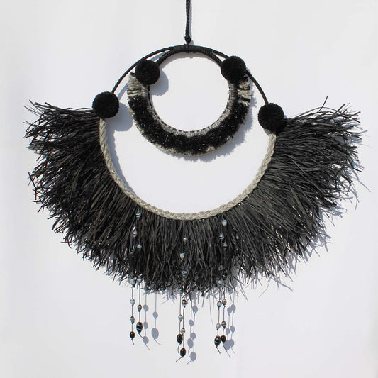 Elegant Boho Wall Hanging in Black and Gray with Glitter Accents