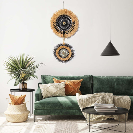 Two-Piece Boho Wall Hanging in Black and Natural Tones
