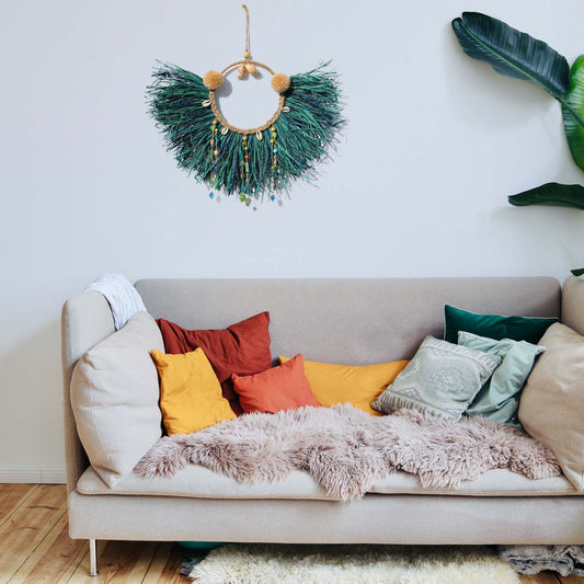Caribbean-Inspired Boho Wall Decor with Shells and Pom Poms
